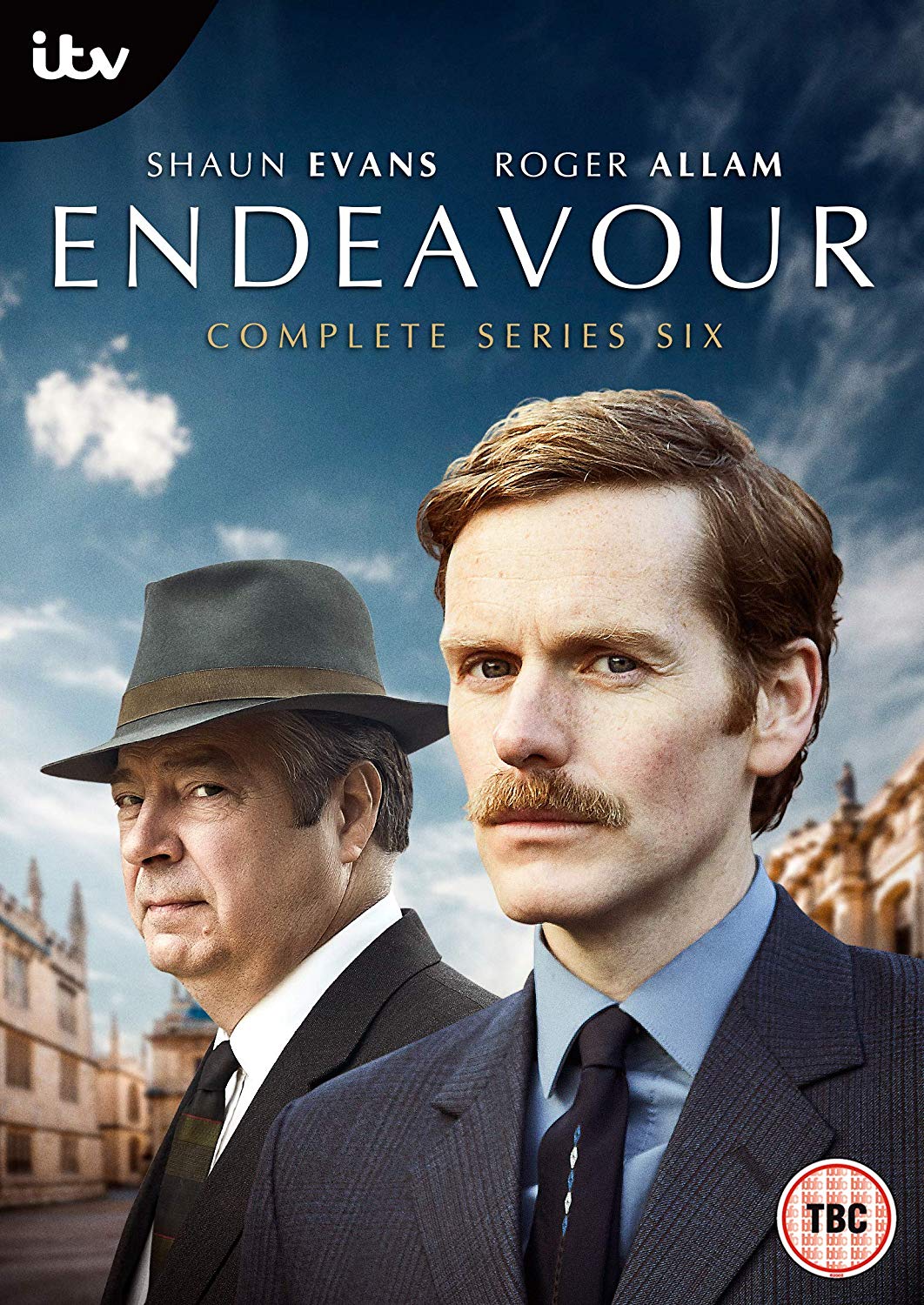 DVD cover for "Endeavour Series 6" featuring two men in suits against a cloudy sky.