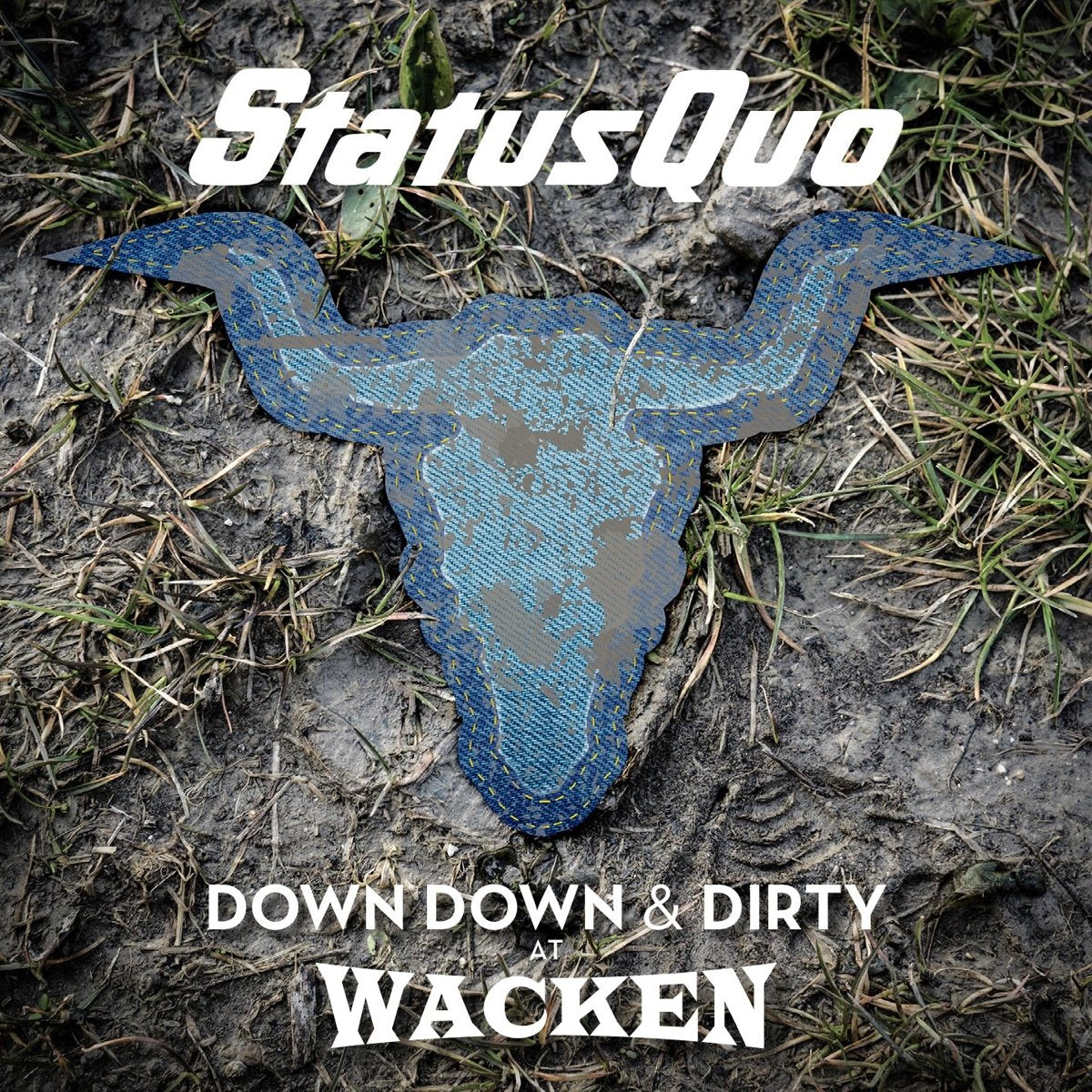 "Album cover with a blue bull skull on muddy ground, titled 'Status Quo'."