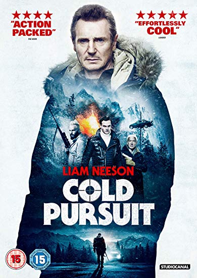 "Cold Pursuit" DVD cover featuring Liam Neeson in a parka, with snowy landscape and action scenes.