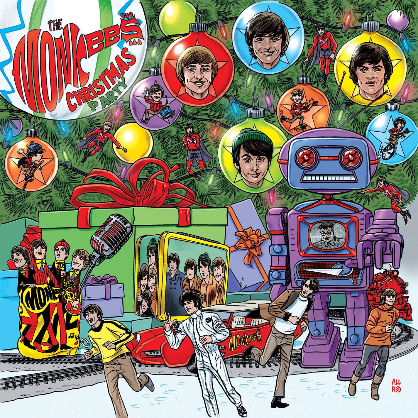 "The Monkees Christmas Party" CD cover featuring cartoon illustrations of the band and ornaments.