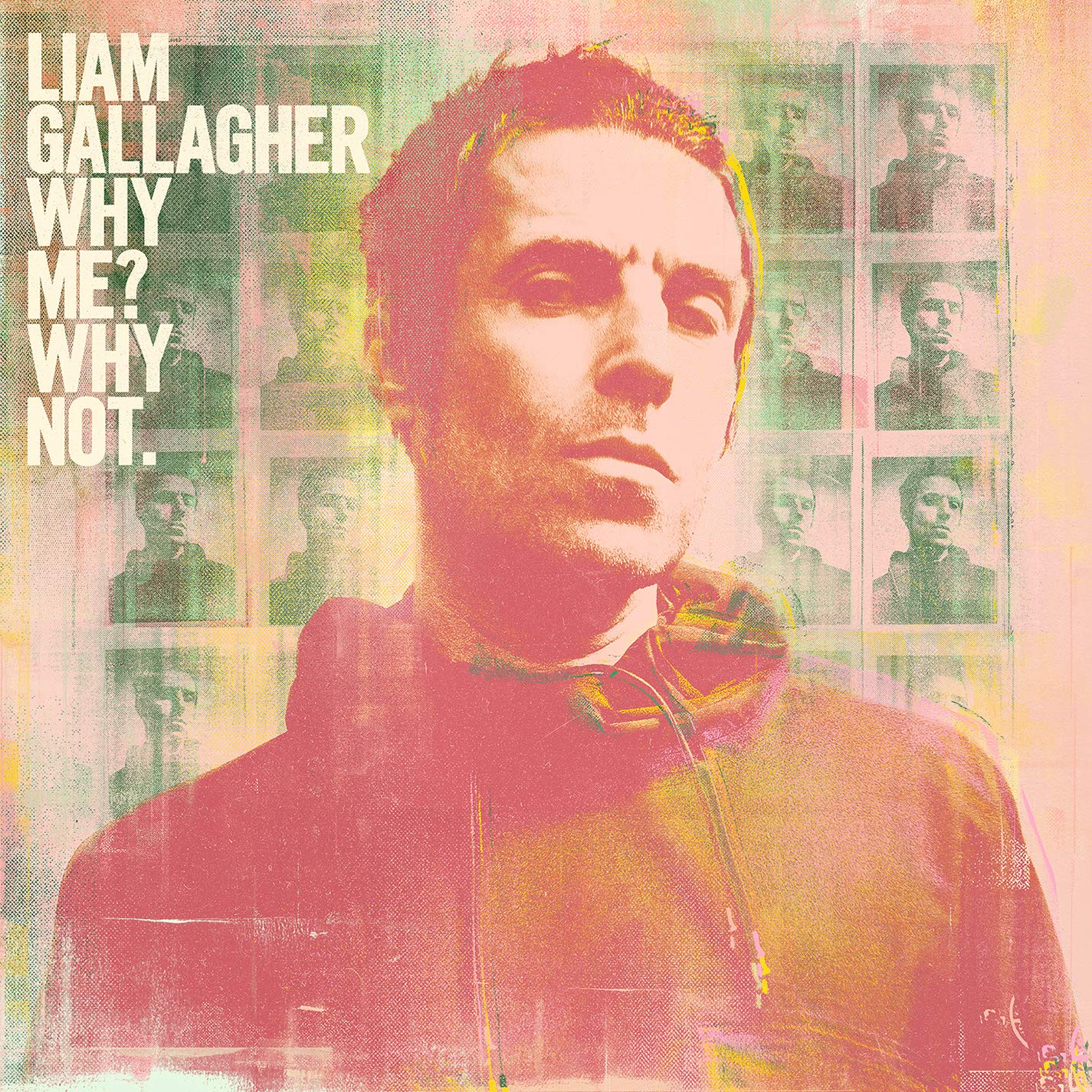 Liam Gallagher album cover with a man in front of multiple smaller portraits.