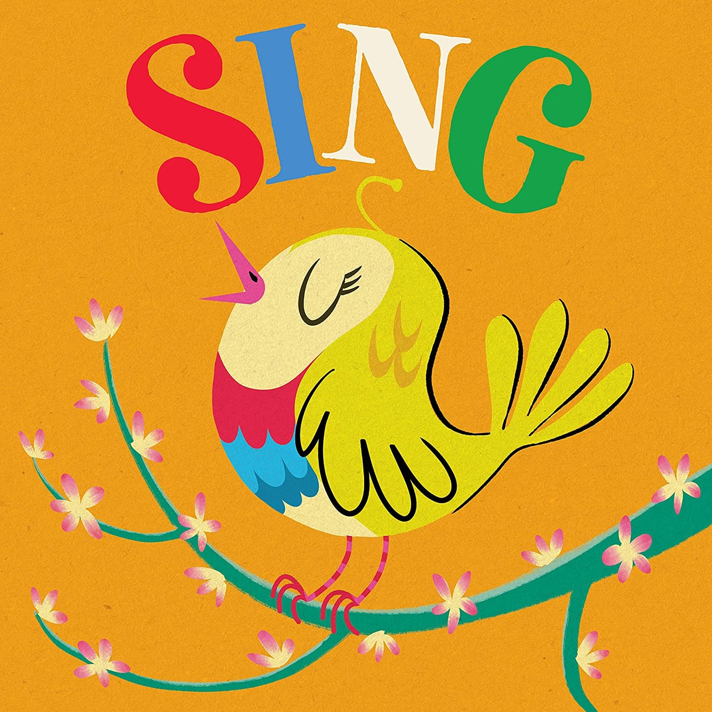 "Colourful bird perched on a flowering branch, singing, against an orange background."