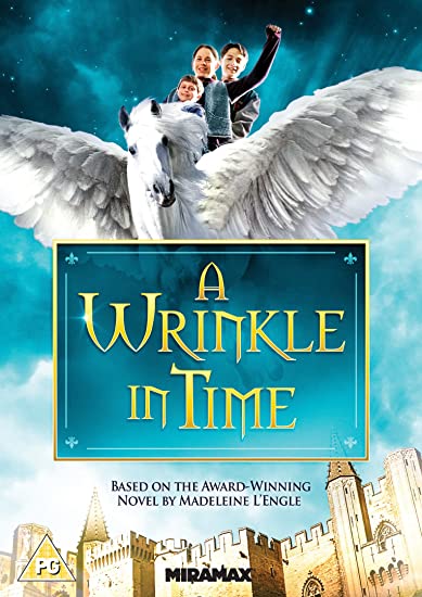 A Wrinkle in Time" DVD cover with children riding a winged horse.