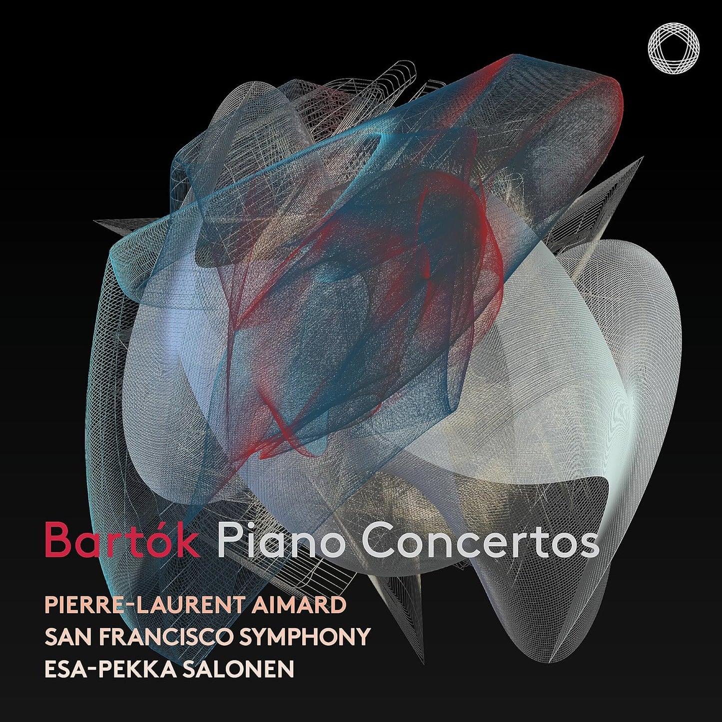 CD cover featuring abstract blue and red shapes with text: Bartók Piano Concertos.