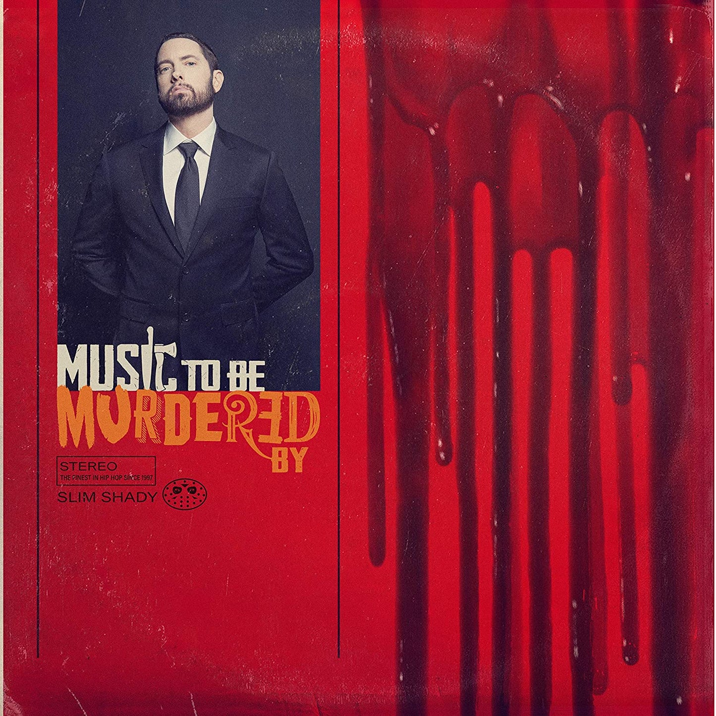 "Eminem album cover with man in suit against red background with dripping blood."