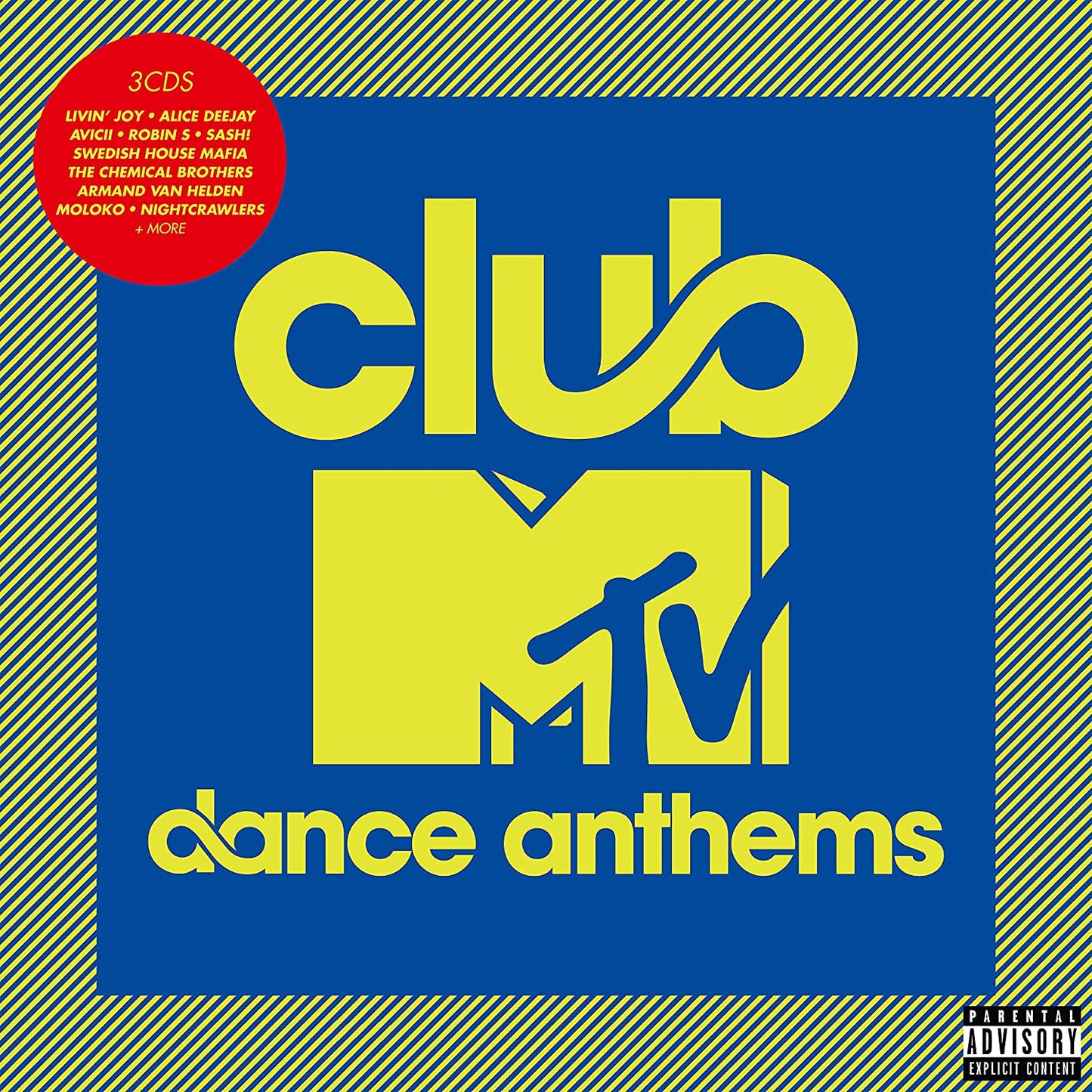 "Blue and yellow CD cover with 'club MTV dance anthems' text and red artist list circle."