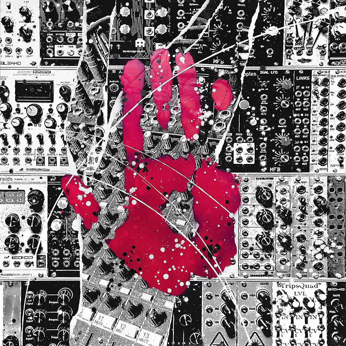 CD cover: red handprint over black and white electronic equipment collage.