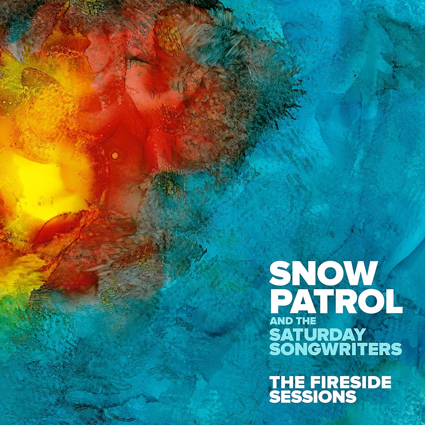 "Album cover with abstract blue, red, and yellow design and white text."