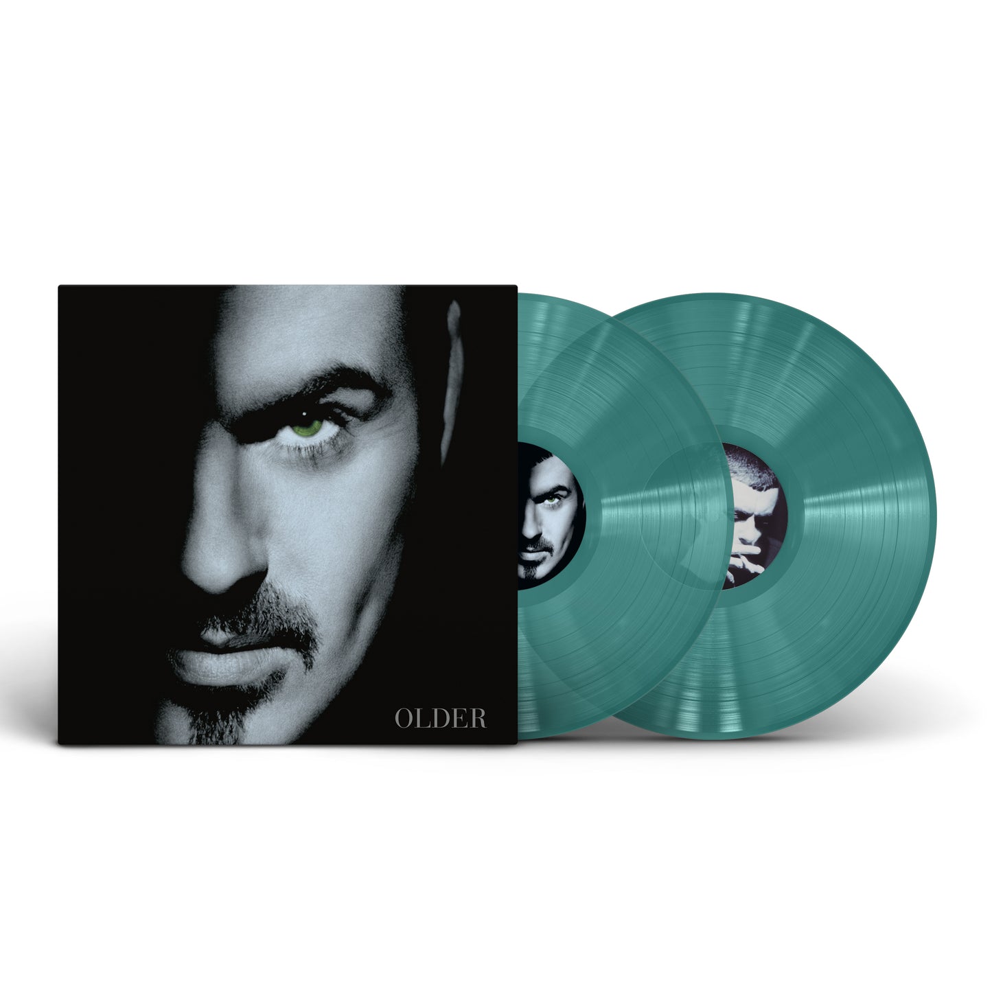 "George Michael's album cover with a black-and-white portrait and two green vinyl records."