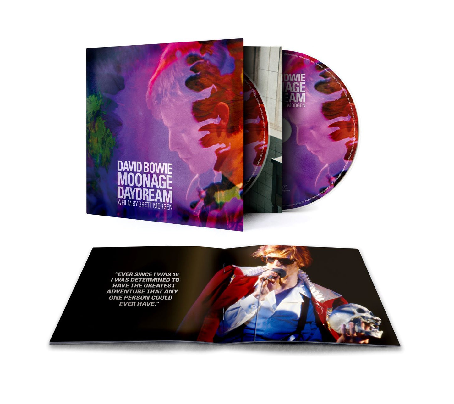 David Bowie Moonage Daydream soundtrack CD case and discs, with booklet, on a white background.