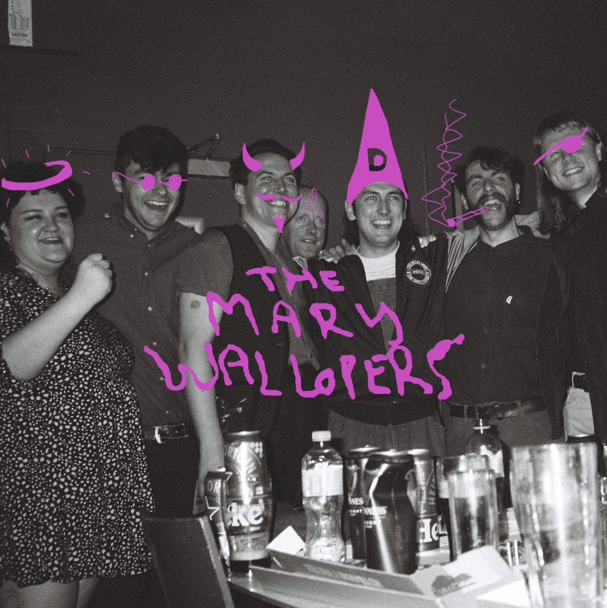 Black and white photo of The Mary Wallopers with pink doodles.