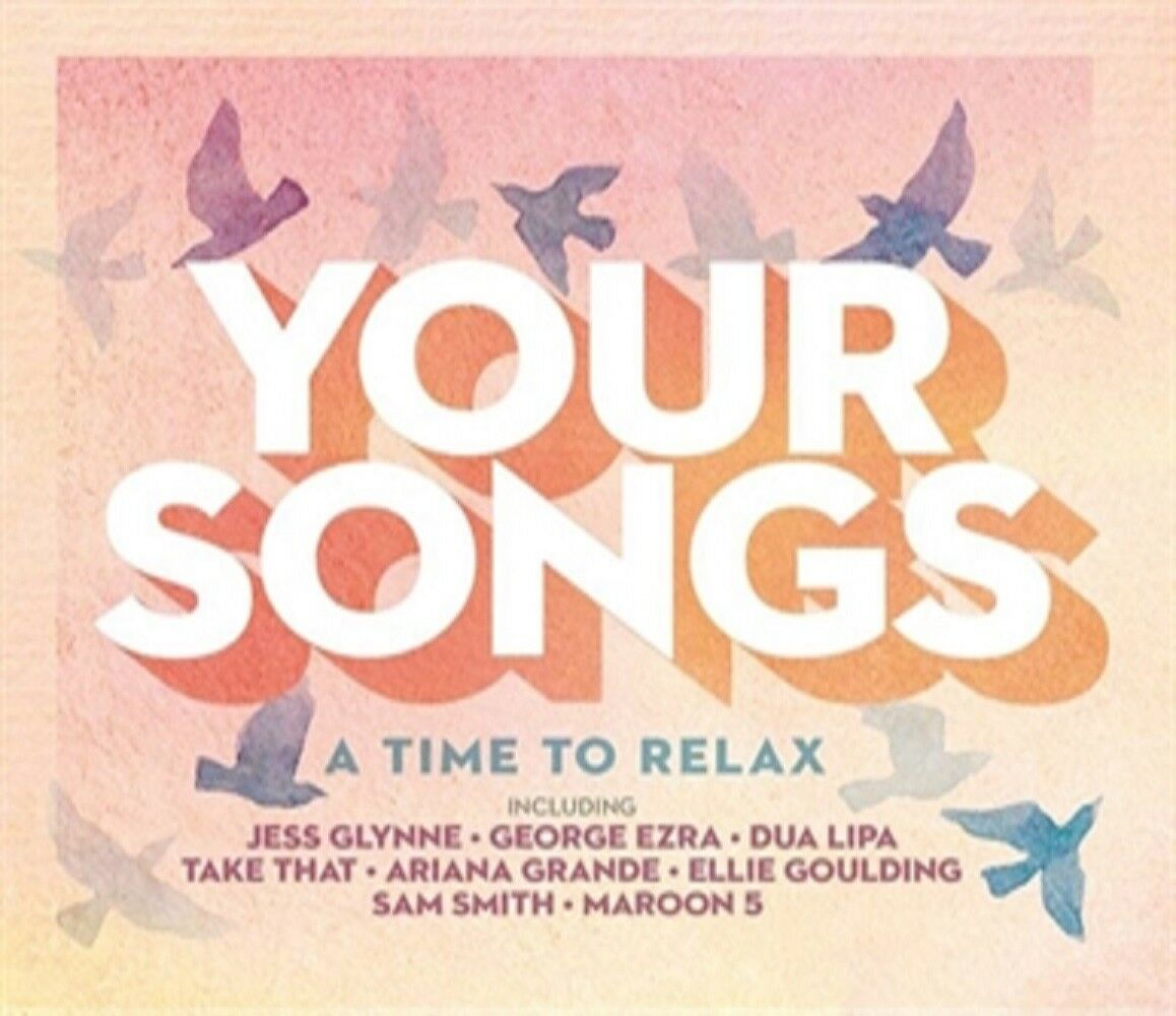 "Album cover with 'Your Songs' in white, birds, and artist names on a peach background."