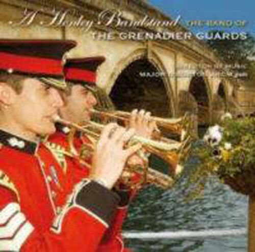"CD cover featuring two men in red uniforms playing trumpets by a river."