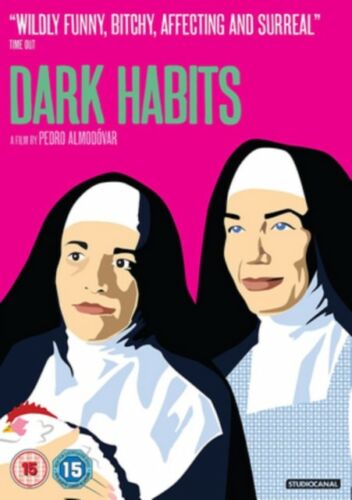 "Pink DVD cover featuring cartoon nuns, one holding a chicken, with green title text."