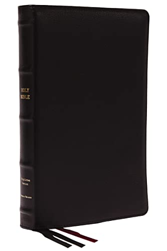 Closed black leather Bible with red ribbon markers and gold lettering.