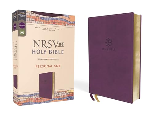 A purple Leathersoft personal size Holy Bible next to its beige product box.