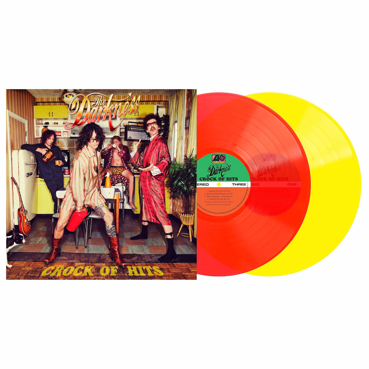 Vinyl record of The Darkness’ “Crock Of Hits” with band photo.