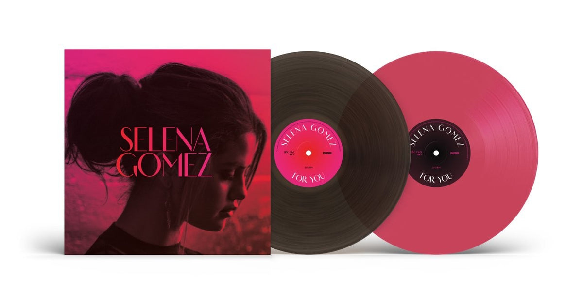Selena Gomez “For You” pink and black vinyl LP record displayed.