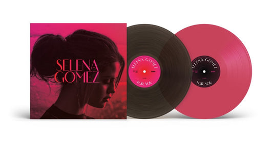 Selena Gomez “For You” pink and black vinyl LP record displayed.