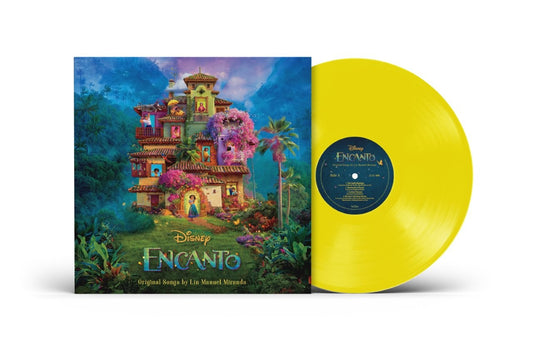 “Encanto” vinyl LP, sunshine yellow disc, colorful house on cover art.