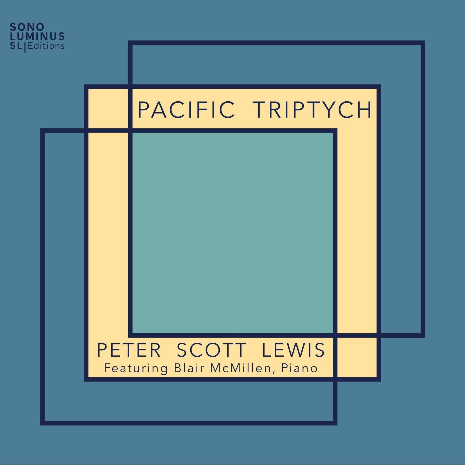 Album cover with text Pacific Triptych and Peter Scott Lewis over overlapping geometric squares.