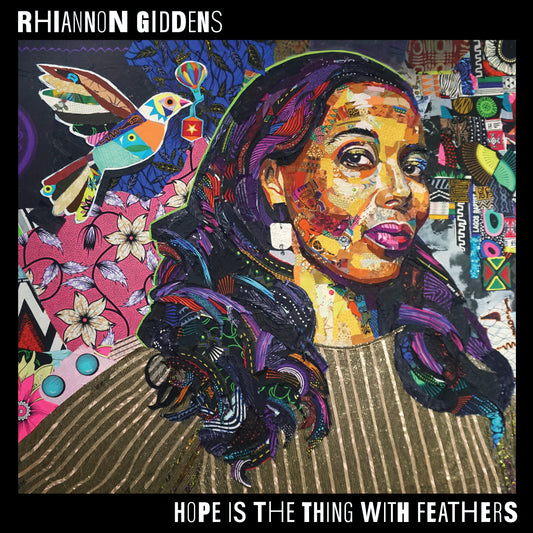 A colorful collage portrait of Rhiannon Giddens with a bird against a patterned background.