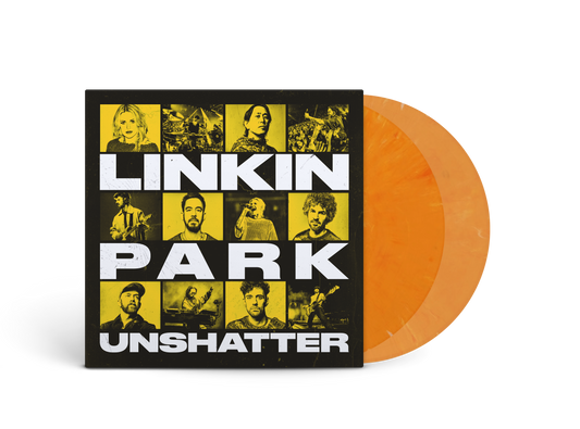 Linkin Park "Unshatter" vinyl record with orange and yellow swirls.