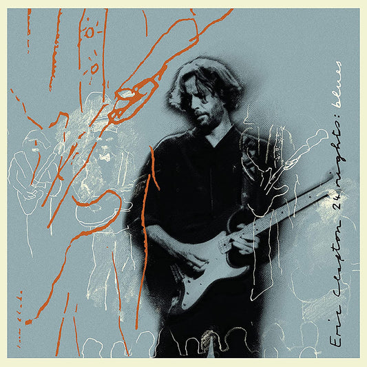 Eric Clapton playing guitar on album cover with blue and orange textures.