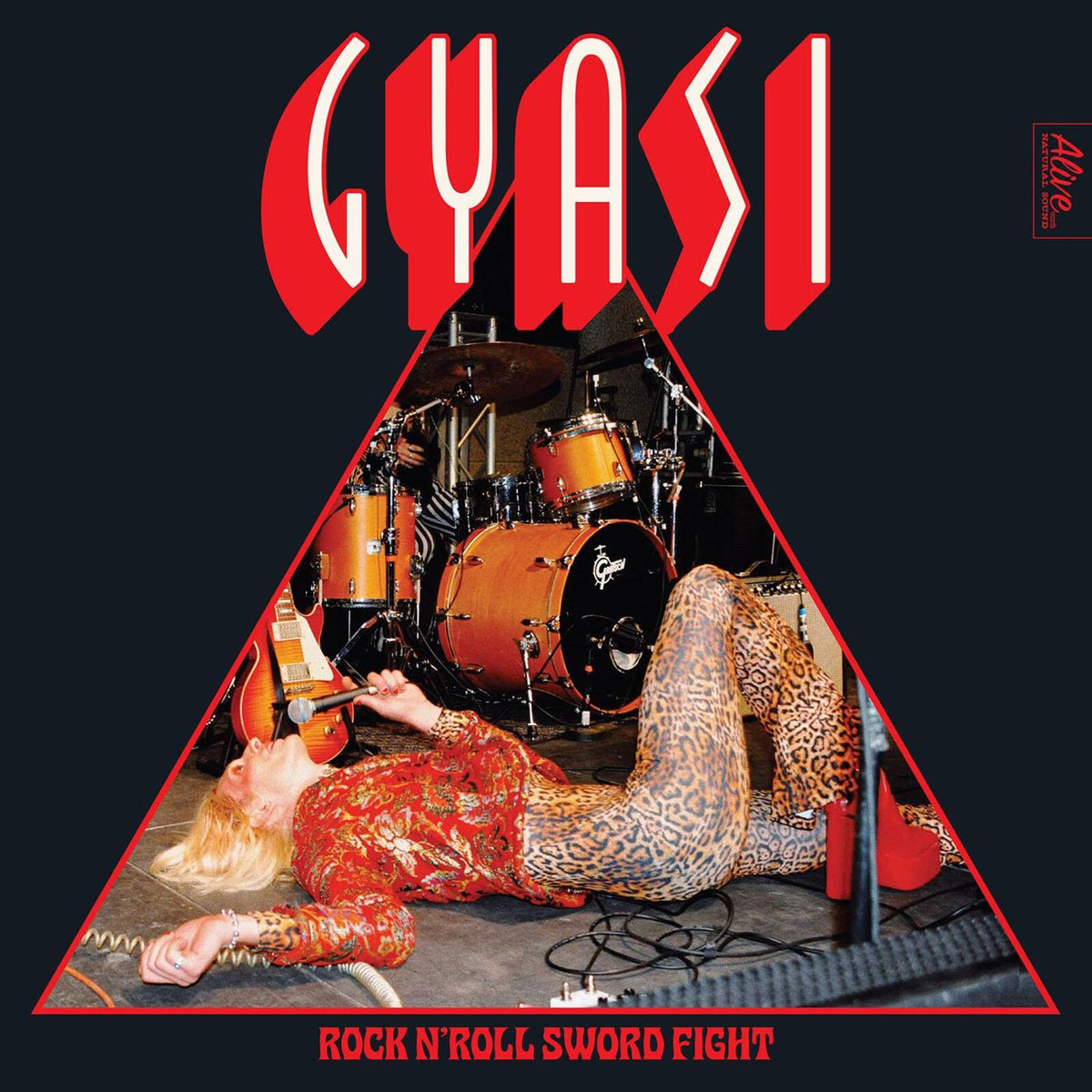 Album cover for Gyasi’s “Rock Nroll Swordfight” featuring a drum kit and figure.