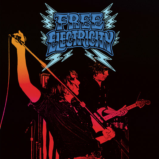 Band performing with instruments, album cover with text "Free Electricity".