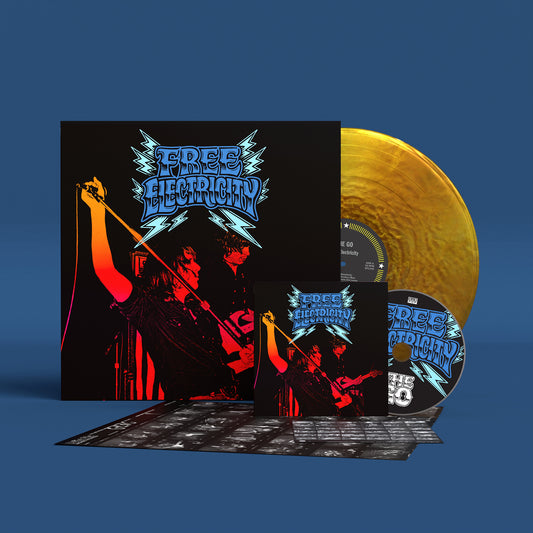 CD packaging for “The Go - Free Electricity” featuring a guitarist.