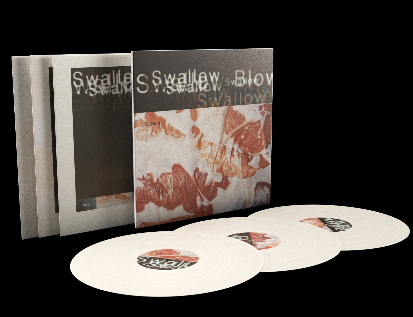 Three white vinyl records and their cover with a red and white abstract design.