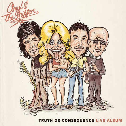CD cover: Cartoon of Amyl and the Sniffers performing live.