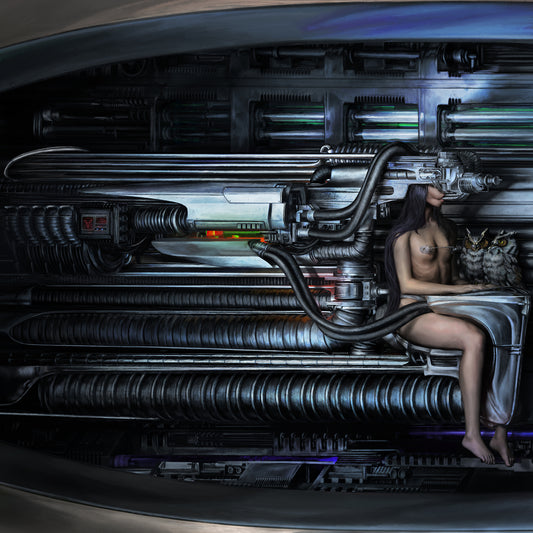 Woman and owl seated within a complex, dark, metallic machine interior.