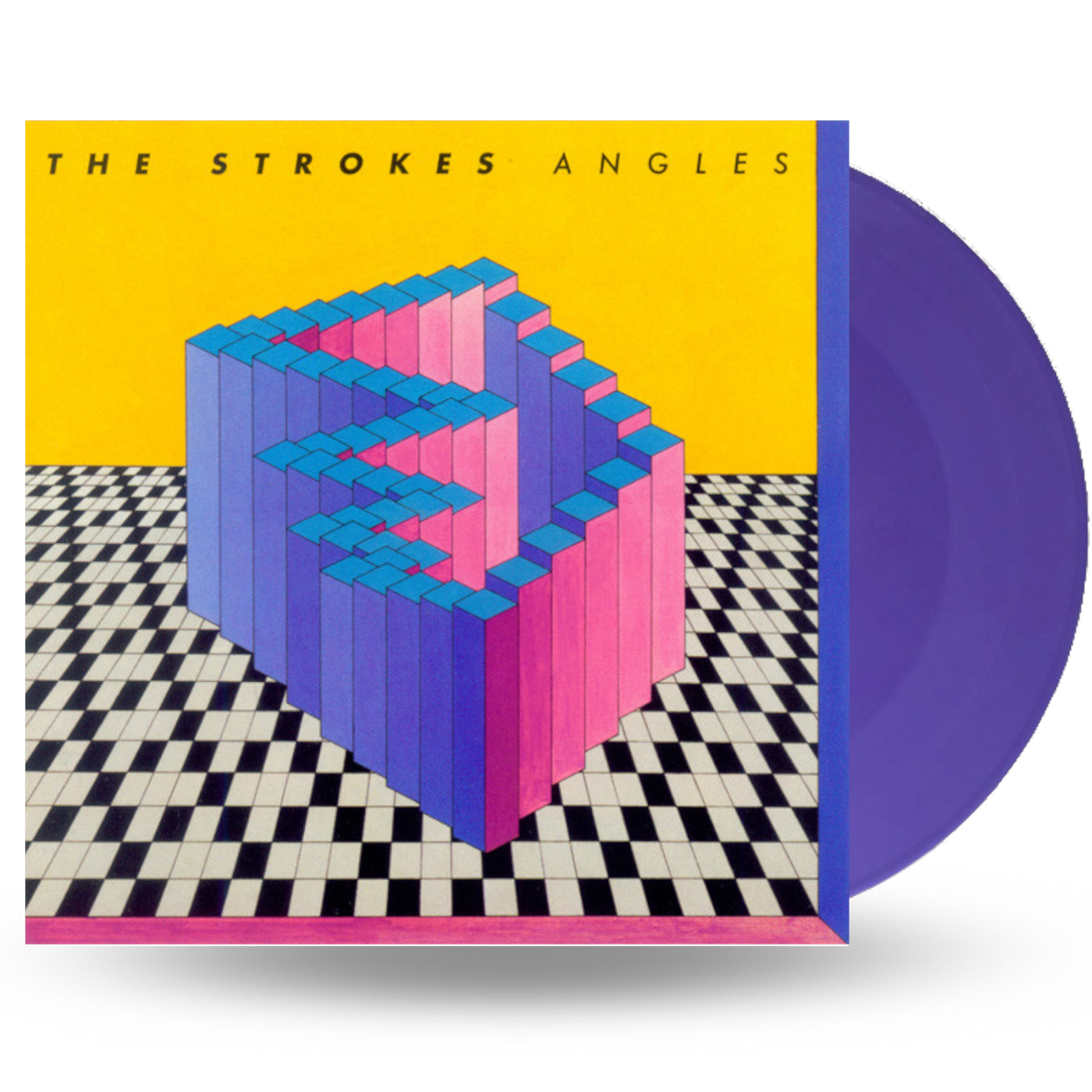 The Strokes Angles vinyl record with purple disc and geometric cover art on checkerboard.
