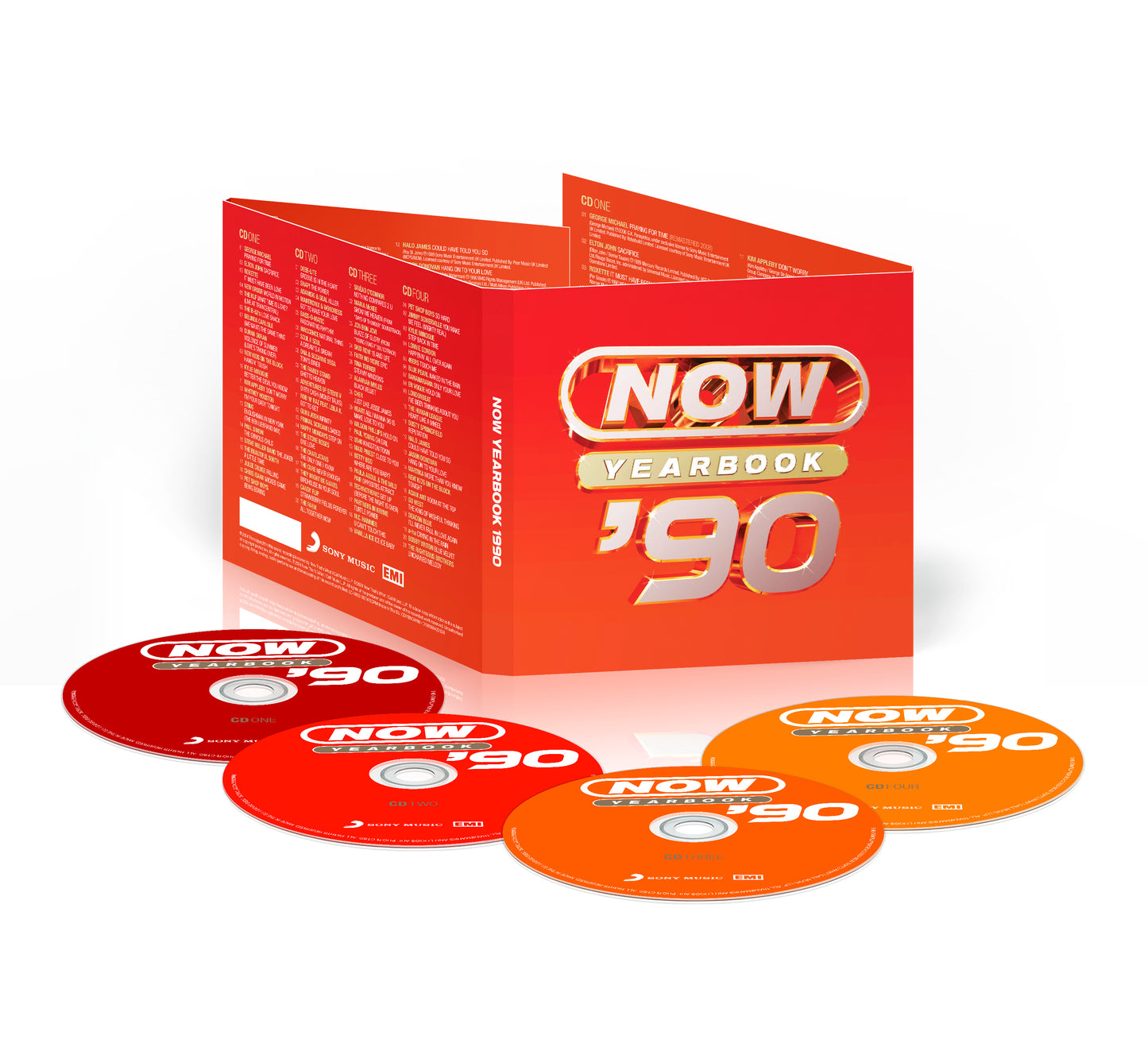 NOW Yearbook 1990" CD case with tracklist and multiple disc images.