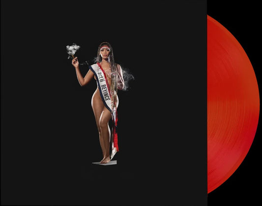 Beyonce in a pageant sash, with a red vinyl record beside her.
