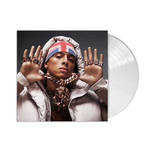 Central Cee album cover featuring artist with jewelry and clear vinyl record.