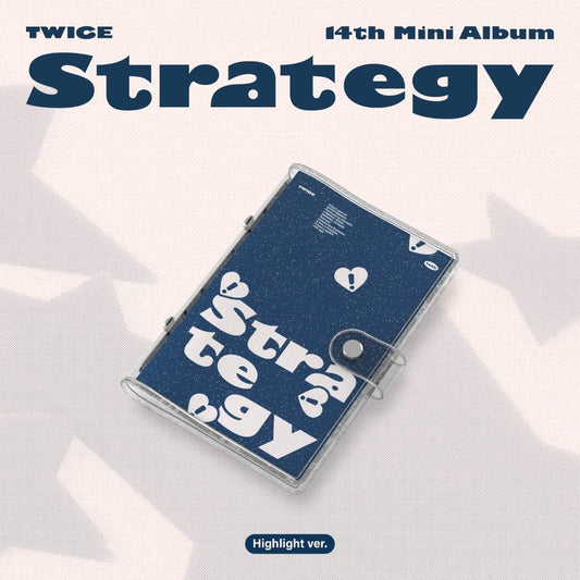 TWICE “Strategy” album cover, dark blue with white text and graphics.
