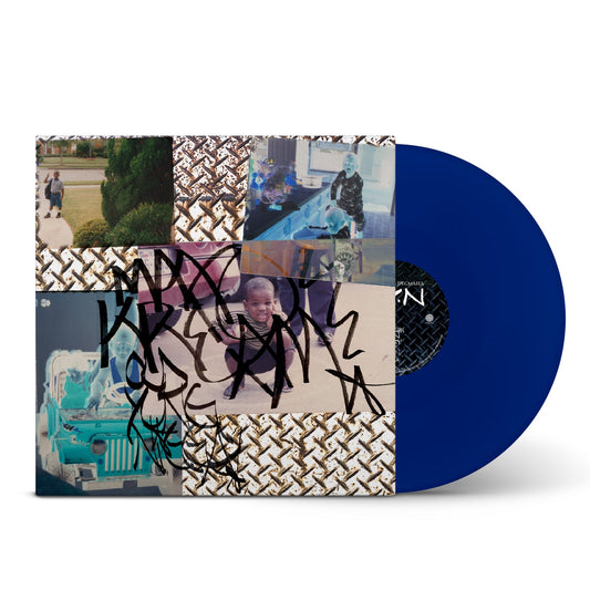Blue vinyl LP with a collage cover featuring photos and graffiti.