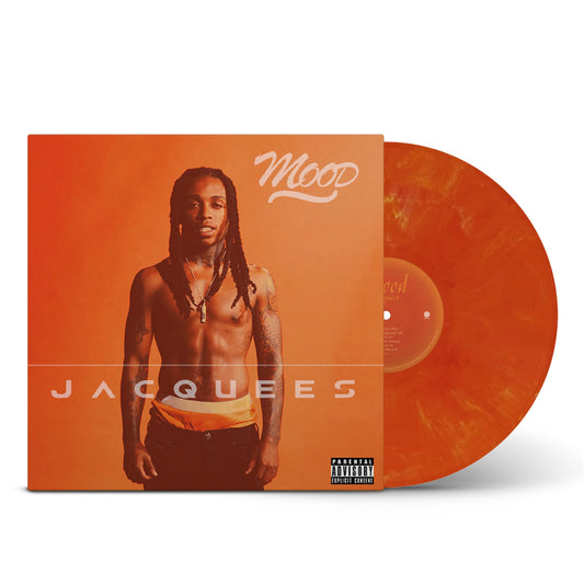 Orange vinyl LP of Jacquees’ “Mood” with album cover portrait.