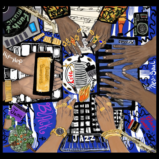 Colorful collage of hands holding music-related items, vinyl record center.