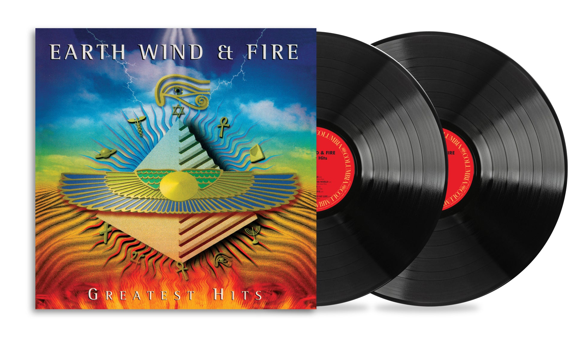 Vinyl record with Earth Wind & Fire's greatest hits on a black disc.