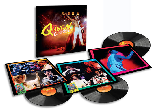 Queen Budapest vinyl box set with records and concert imagery.
