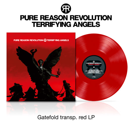 Red vinyl record of Pure Reason Revolution’s “Terrifying Angels” with angelic imagery.