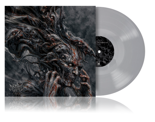 Dark album cover with monstrous figure and a grey vinyl record.