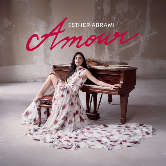CD cover: Esther Abrami with violin and piano, floral dress.