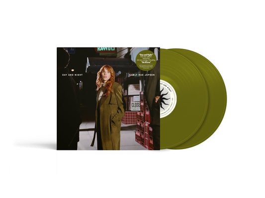 Carly Rae Jepsen Day and Night album cover with two translucent forest green vinyl records.