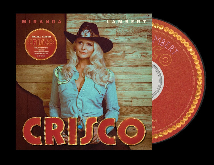 Miranda Lambert “Crisco” CD cover featuring her in a denim jacket and cowboy hat.