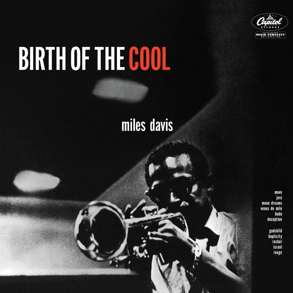 Black and white album cover featuring Miles Davis playing trumpet with text overlay.